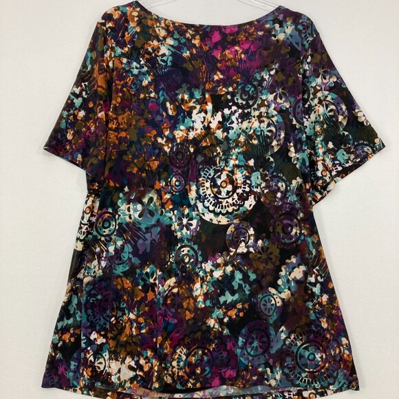 Dressbarn size 3X Multi Color Abstract Cowl Neck Short Sleeve Stretch Comfy Top - Picture 7 of 8